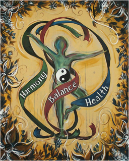 Painting of person with a yin yang sign and ribbons around the body